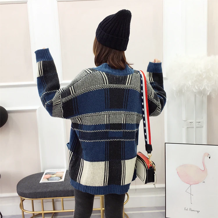 2019 осенняя и зимняя новая модная клетчатая одежда женский шарф воротник просторная вязаная кофта длинный рукав вязаный свитер 5206 50