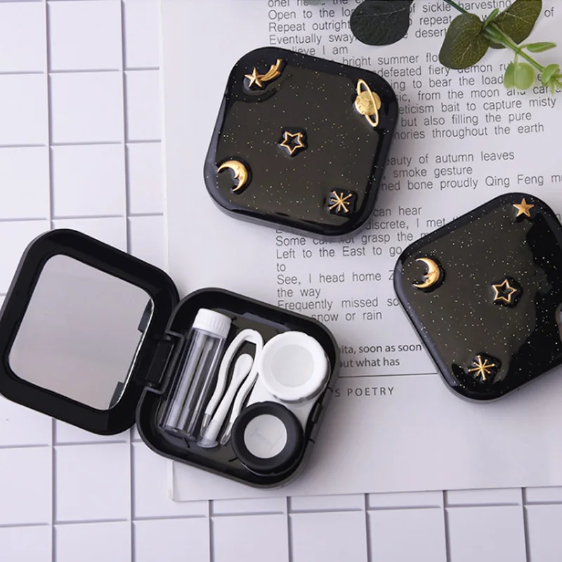 

Romantic Dream Star Contact Lens Box Case For Women Stars Moon Portable Travel Kit Box Portable Black Plastic Holder Soaking Box