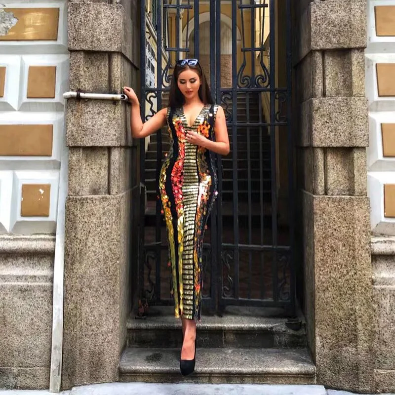 

2018 New Arrival Fashion Sequin Party Dress Women Fashion Sleeveless Deep V Neck Bodycon Celebrity Evening Party Dress Vestidos