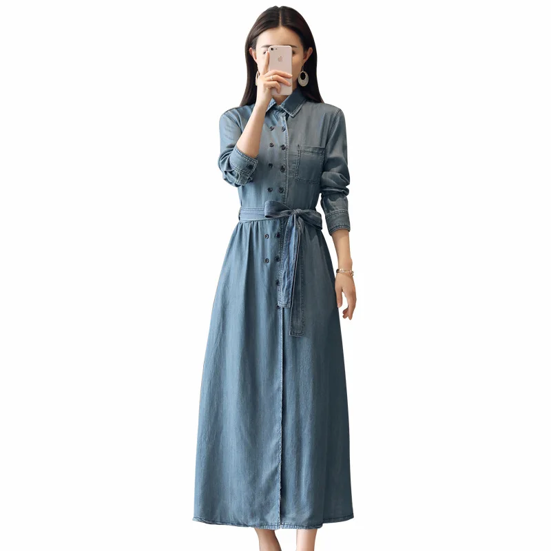 

2018 Spring Clothes New Pattern Denim dress Station Both Buckle Long Fund Cowboy dresses Long Sleeve Self-cultivation