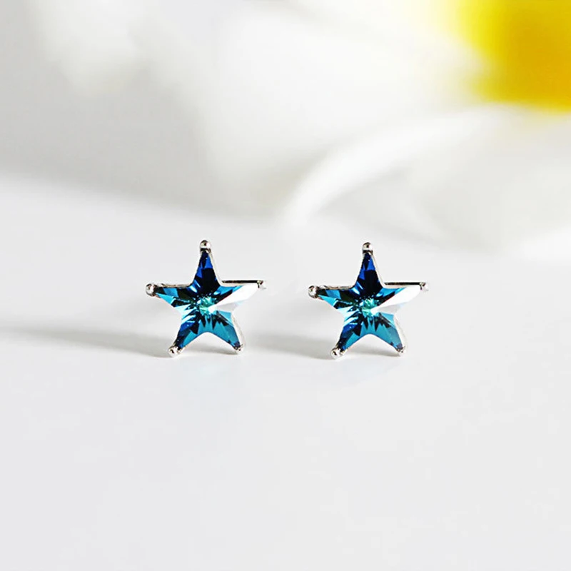 925 пробы Серьги-гвоздики с серебряными и синими кристаллами и пятиконечной звездой для женщин, модные блестящие изысканные ювелирные изделия с пентаграммой