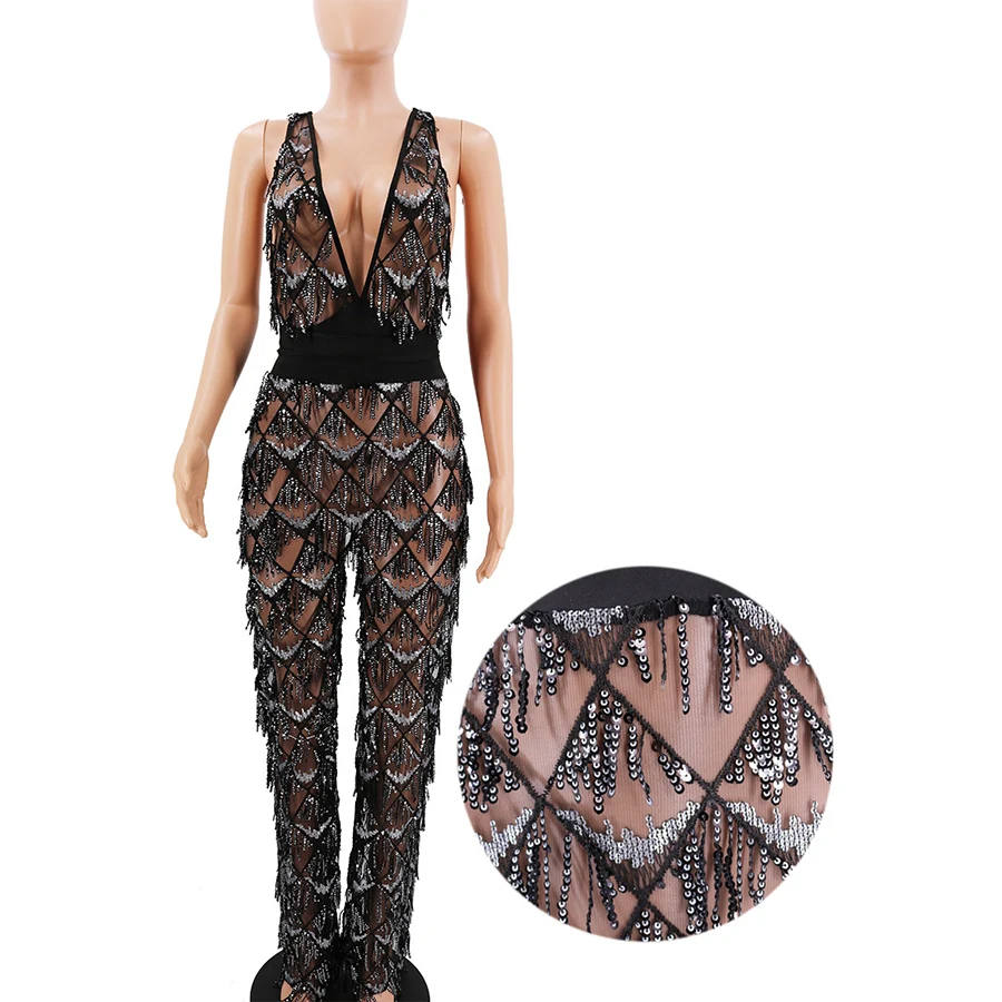 See Through Black Sexy Sequin Tassel Jumpsuit Women Halter Sleeveless Rompers Women Long Jumpsuit Sequined Club Party Overalls See Through Black Sexy Sequin Tassel Jumpsuit Women Halter Sleeveless Rompers Women Long Jumpsuit Sequined Club Party Overalls