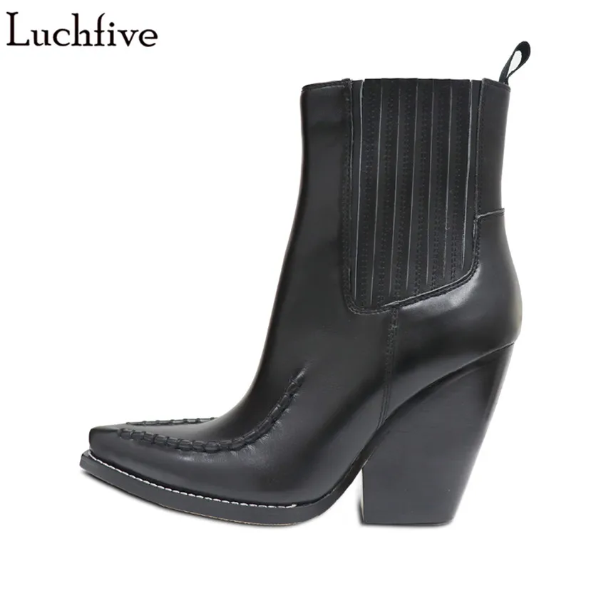 

Luchfive winter Chelsea Short Boots sheepskin high heels high quality pointed toe runway style Ankle Boots for women shoes