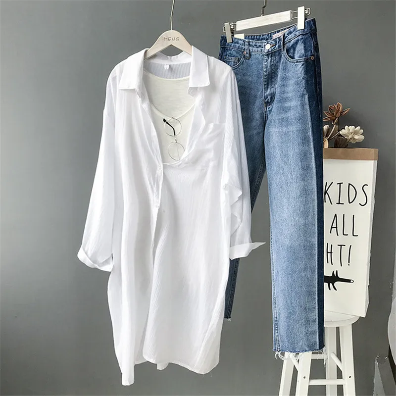 Cotton Women Beach White Long Blouse 2019 Spring Women Long Sleeve Shirts Blouse High quality loose Office Long Blouse Tops