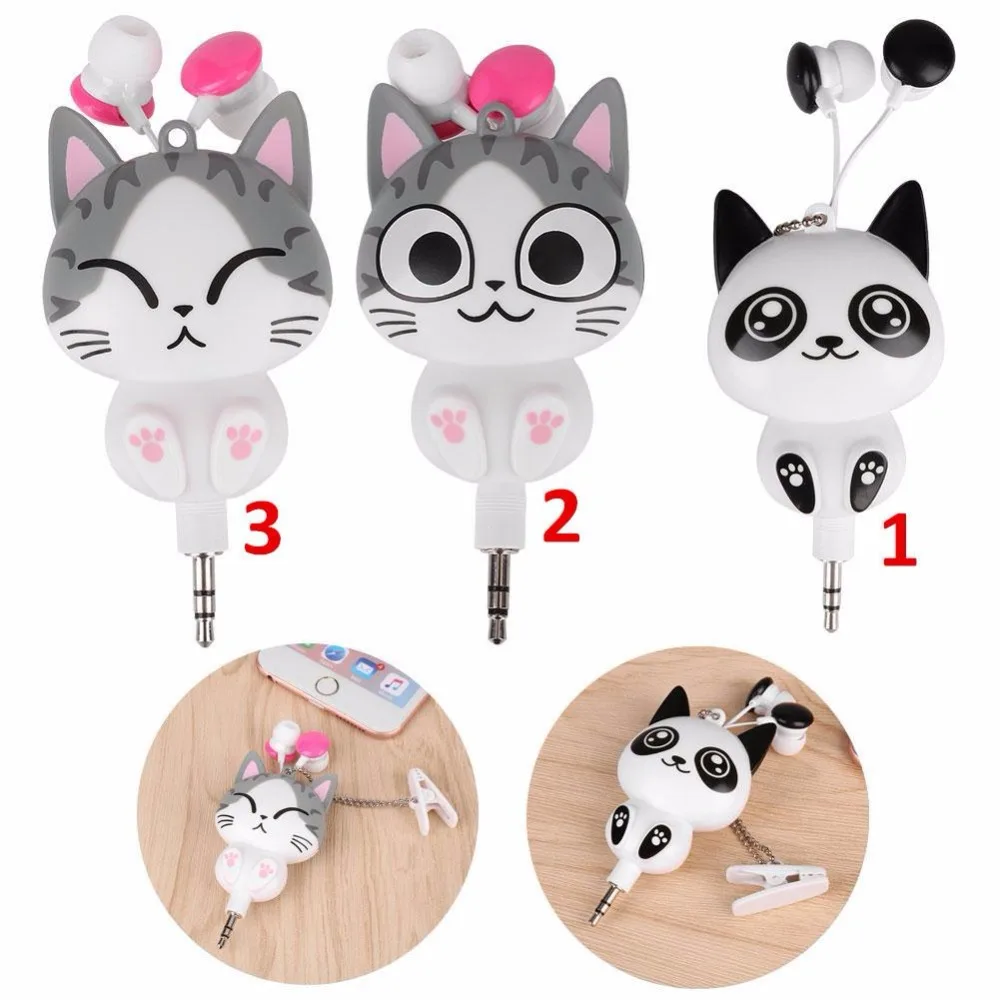 Cartoon Cat Panda 3.5mm Retractable In Ear Headset Earphones Headphones