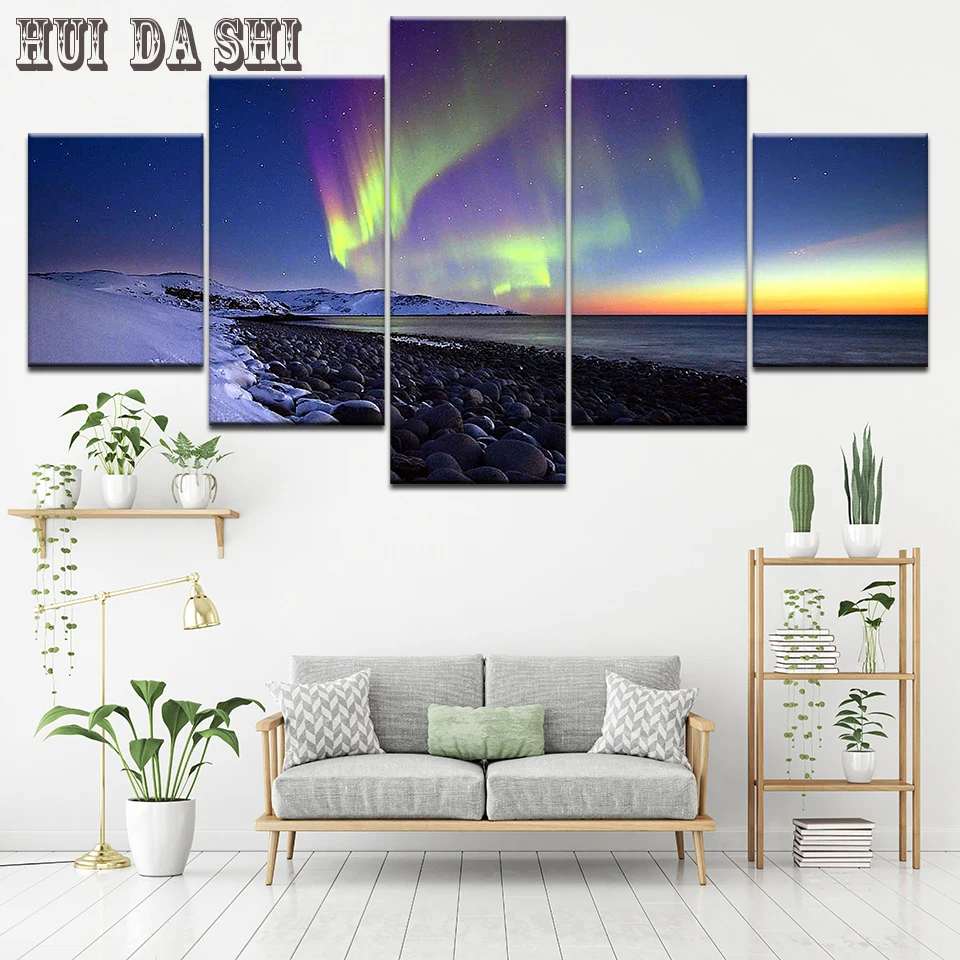 

Wall Art Canvas Painting Living Room Decor HD Prints Picture 5 Pieces Aurora Lake Mountain Borealis Night Landscape Poster Frame