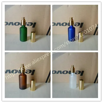 

50ml clear/blue/green/brown frosted Glass lotion Bottle With aluminum shiny gold pump.for lotion and essential oil