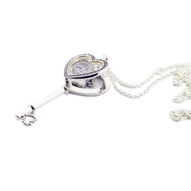 

100% 925 Sterling Silver Jewelry Large Floating Locket Heart Key Necklace with 3pcs Petites Free Shipping