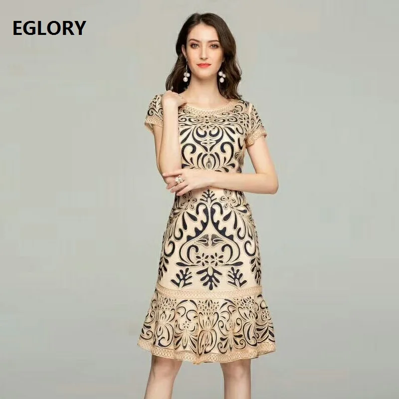 

Vestidos De Festa 2019 Spring Summer Party Cocktail Women O-Neck Allover Appliques Embroidery Short Sleeve Knee Length Dress 4xl