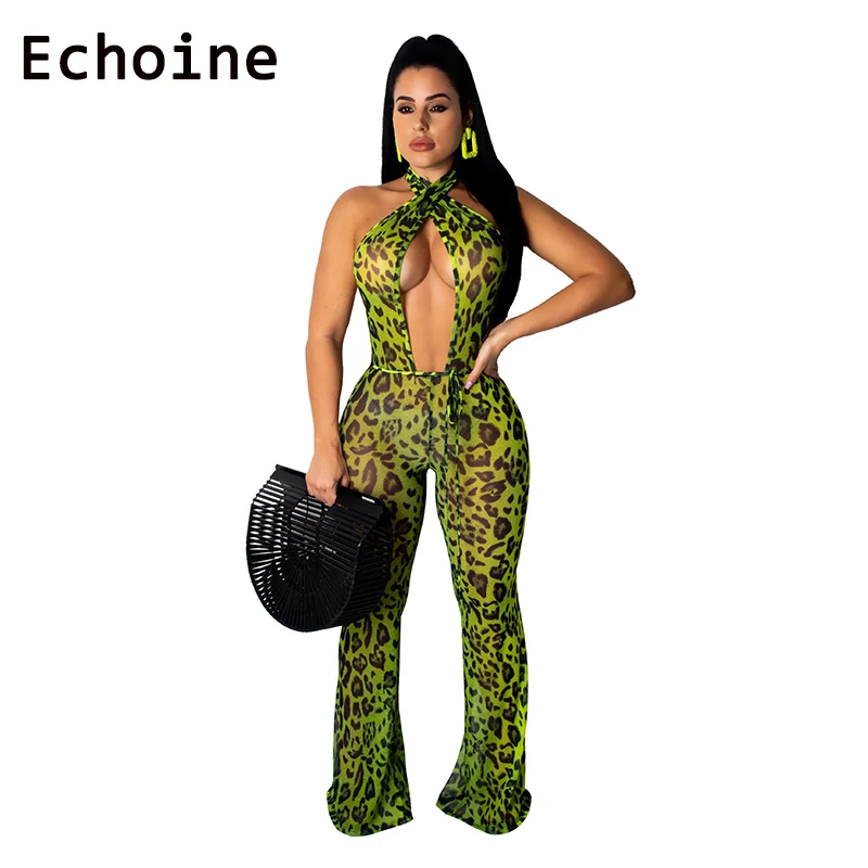 

Echoine Sexy Leopard Fur Printed Jumpsuit Backless Cross Bandage Playsuits Sleeveless Bodysuit Long Wide Pants Women Romper