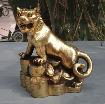 

6"China Fengshui brass Wealth Yuanbao money ferocious Zodiac tiger beast statue