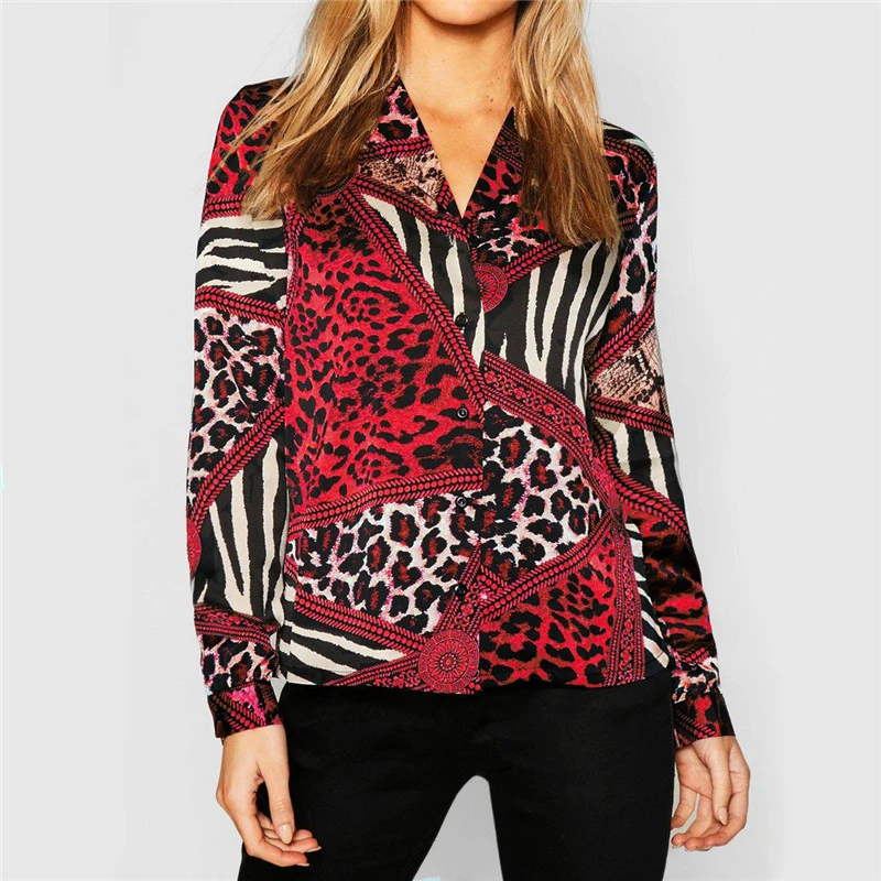 2019 Women Blouses Summer Chiffon Leopard Blouse Long Sleeve Sexy V-neck Lady Office Shirt Loose Tops Plus Size Blusas Chemisier