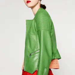 Молнии зеленый пояс Искусственная кожа куртка Бомбер Байкерская куртки женские пальто 2019 Мода ретро Европейский из искусственной кожи