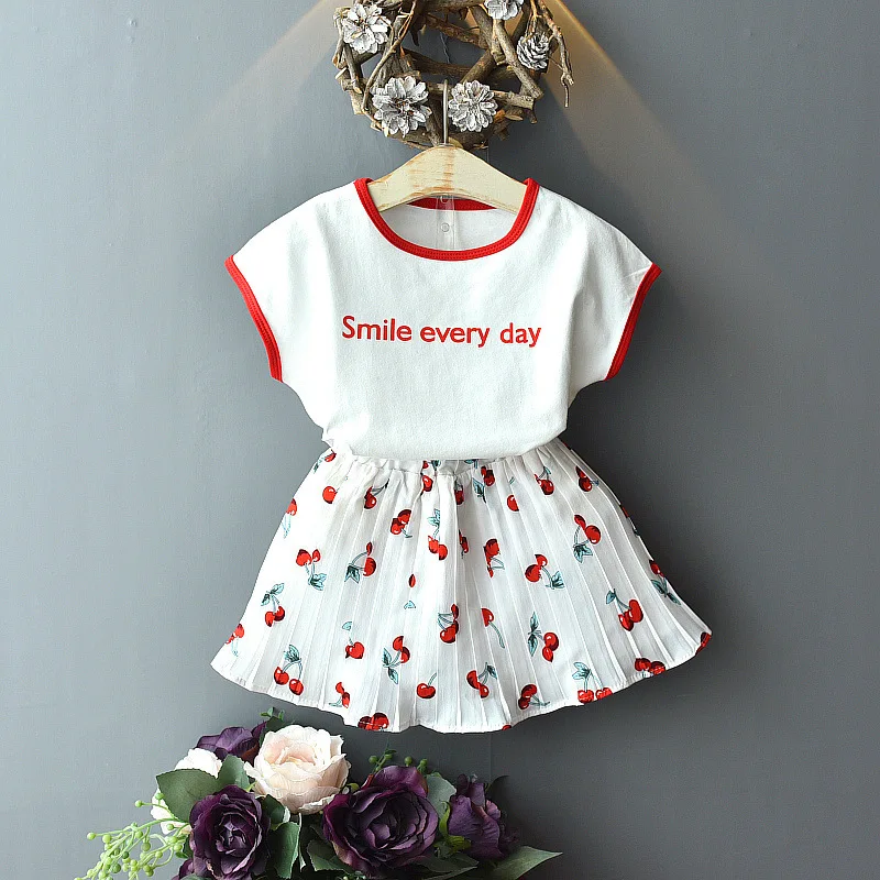 

Kids Girls Clothing Sets Girl Clothes Set Raglan Sleeves Cotton T-shirt Cherry Printing Chiffon Skirt Children Clothes Summer