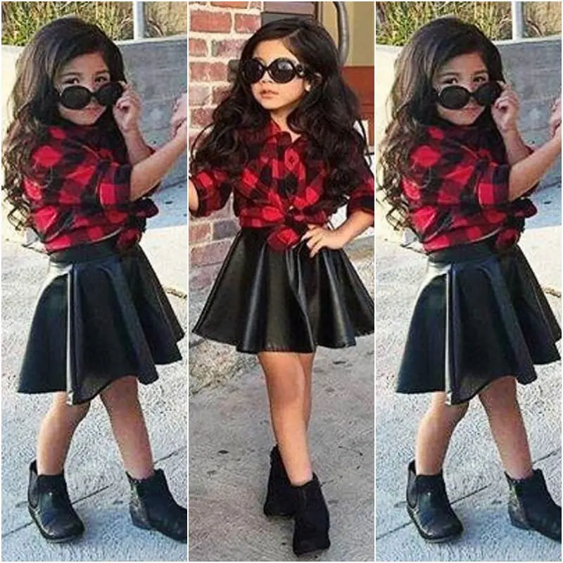 

Infant Toddler Kid Baby Girls 2PCS Clothes Princess Plaid Tops Shirt Leather Skirt Fashion Outfits