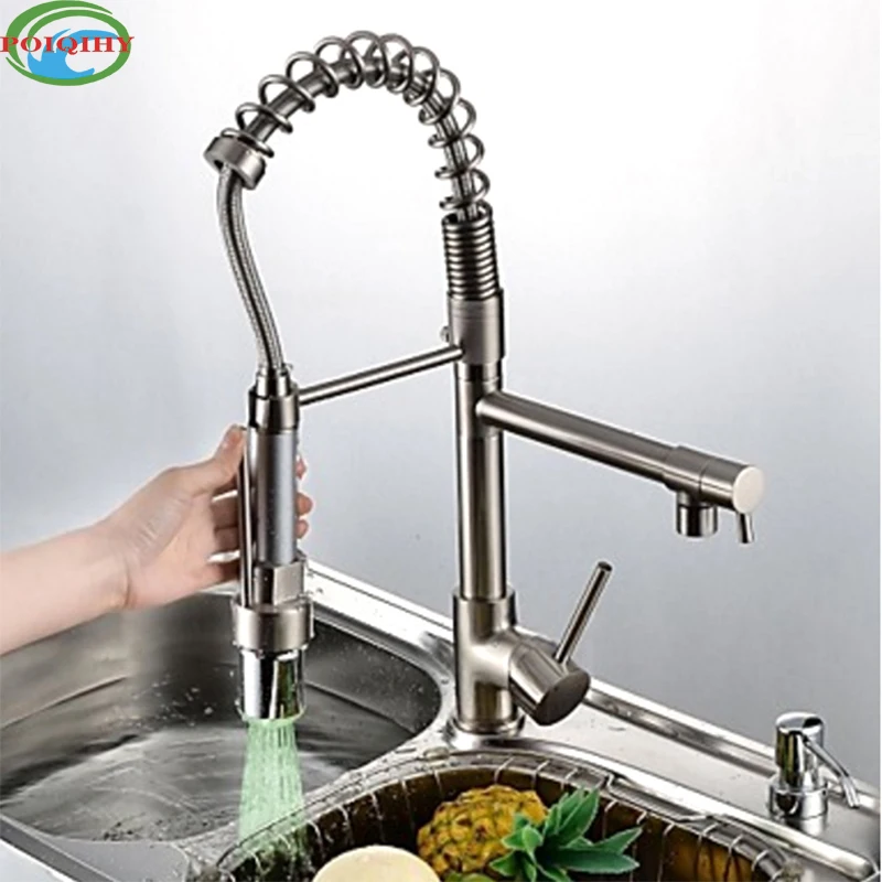 

Promotion Wholesale and Retail Brushed Nickel Double Swivel Spout Spring Hot and Cold Pull Out Kitchen Faucet