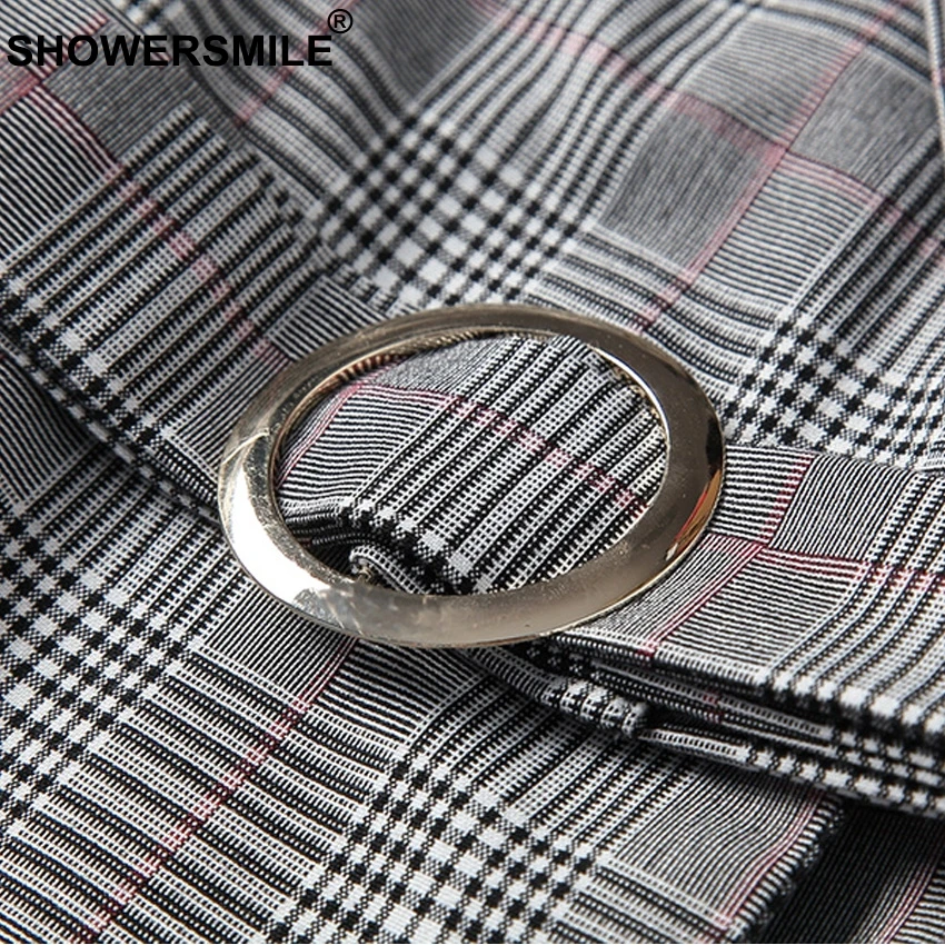 SHOWERSMILE Spring Grey Women Checkered Vest Slim Fit Belt Sleeveless Long Office Jackets With Pockets Elegant Waistcoat Plaid