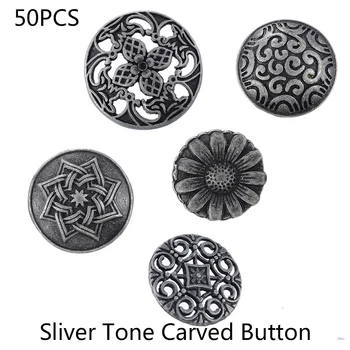 

50PCS Mixed Metal Buttons Fit Scrapbooking Pattern Carved Silver Tone Round Buttons For Clothes DIY Sewing Accessories 17mm-23mm