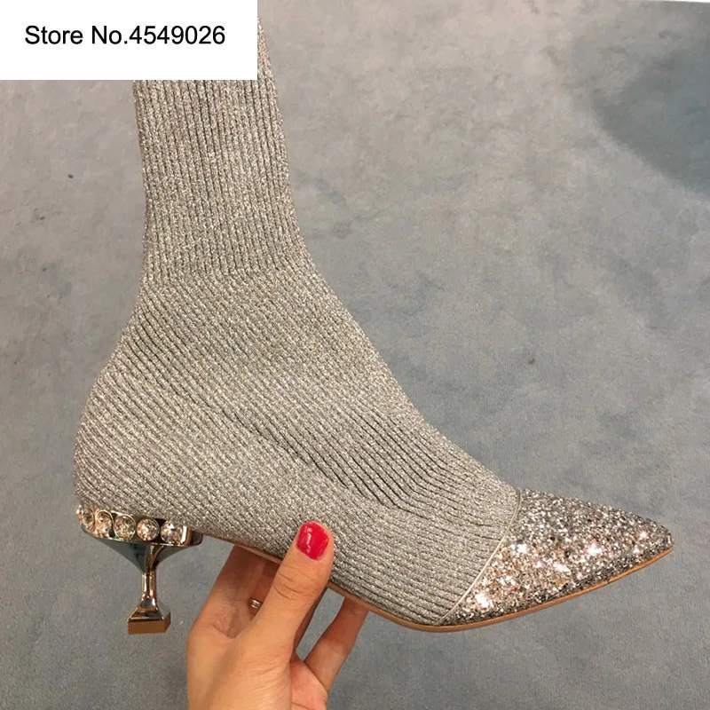 

2019 Brand New Knitting Shoes Woman Boots Women Women Boots Ankle Platform Boots Sock Boots Pointed Toe Slip-On Spike Heels