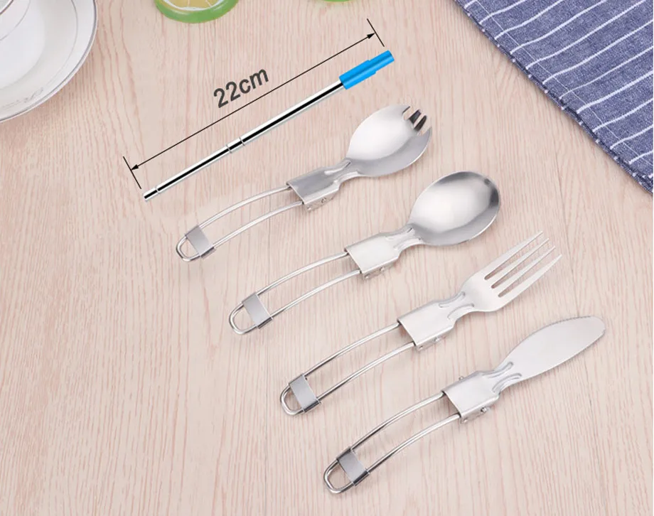 304 Stainless Steel Folding Cutlery Set Folding Knife and Fork Spoon Salad Spoon Straw Outdoor Portable Folding Tableware