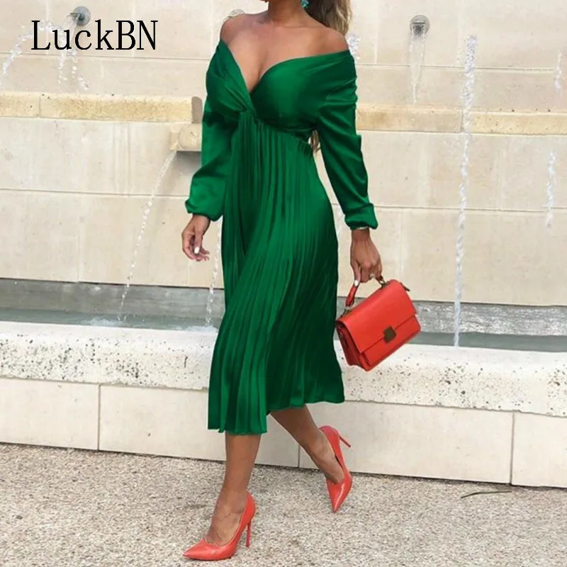 

LuckBN Autumn Winter Dress Sexy Deep V Neck Off Shoulder Long Sleeve Party Dress Women Black Green Midi Elegant Dreses Casual