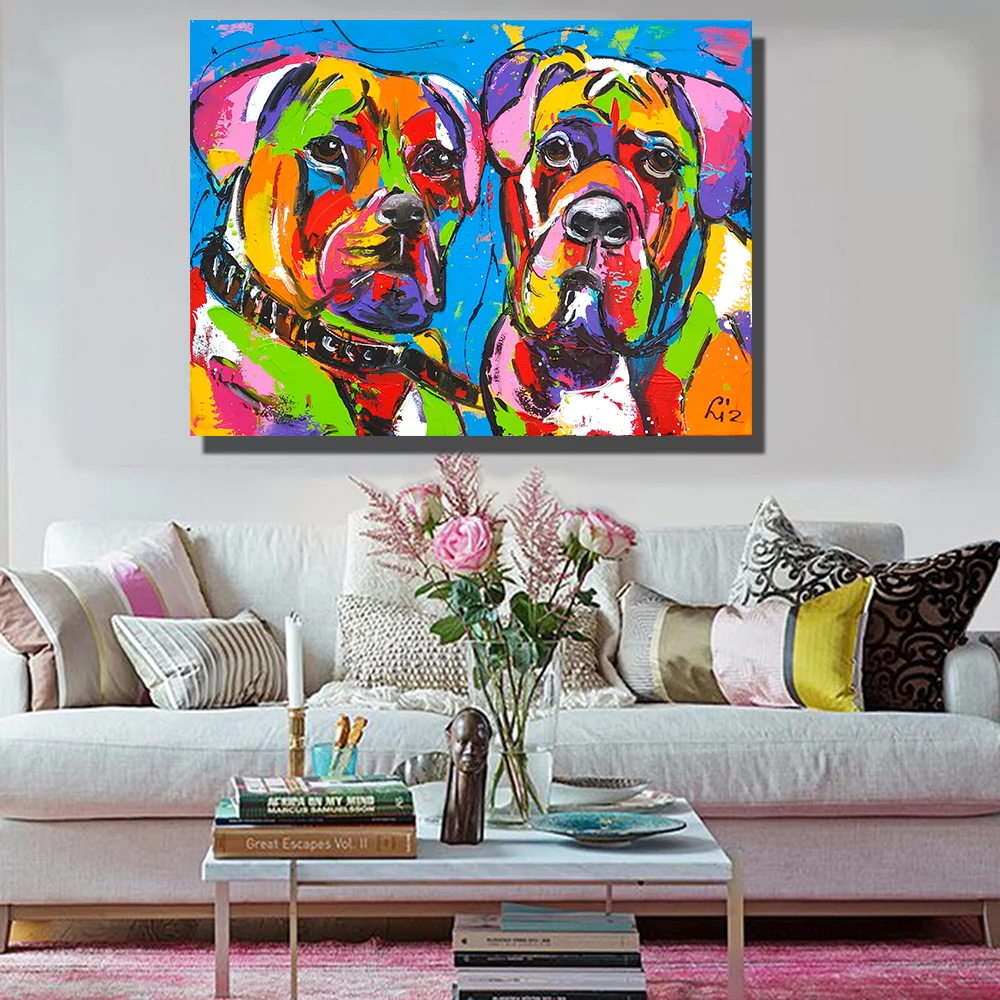 Hdartisan Animals Canvas Oil Painting Colorful Two Dogs Wall Art