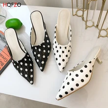 HQFZO Fashion Pointed Toe High Heel Ladies Sandals Polka Dot Pattern PU Leather Mules Women Slippers Summer Pumps Black/White covoyyar lovely bow women slippers 2018 summer dot pattern slingback lady sandals mules open toe square heel women pumps wsl535
