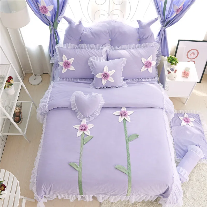Best Free shipping 100%cotton amp;lace applique embroidery flower princess style twin full queen king size bedding set without filler