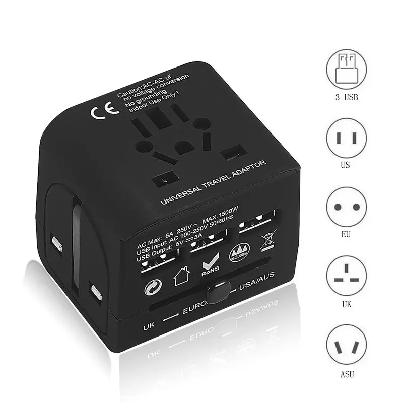 

All in One Travel Adapter Universal Power Adapter 3 Usb Worldwide Adapter Ac Converter Wall Charger for Uk/eu/au/us