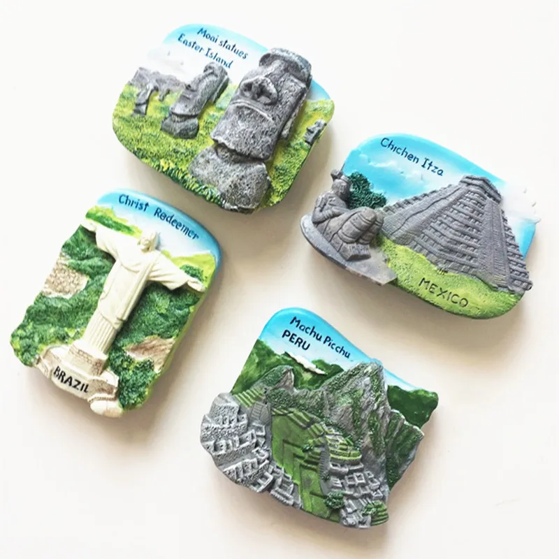 

3D Resin Refrigerator Fridge Magnet Chile Easter Island, Mexico Chichen Itza, Peru Machu Picchu, Brazil Christ Redeemer Souvenir