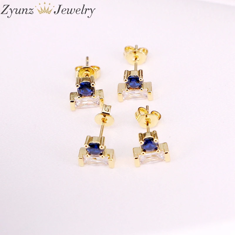 6Pairs, Cz Micro Pave Zirconia Women Girls Earring Studs Gold Color Fashion Crystal Multicolor Party Jewelry