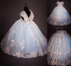 Новые для маленьких девочек платье на день рождения Кристаллы бисера Кружева V бальное платье с круглым вырезом Дети Театрализованное