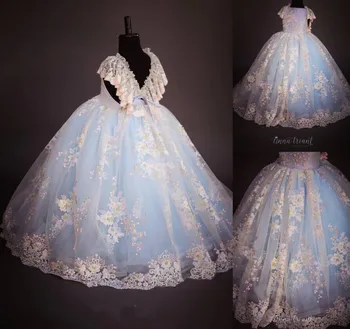 

New Little Girls Birthday Dress Crystals Beaded Lace V Neck Ball Gown Kids Pageant Gown Wedding Party Dress Custom Made Size