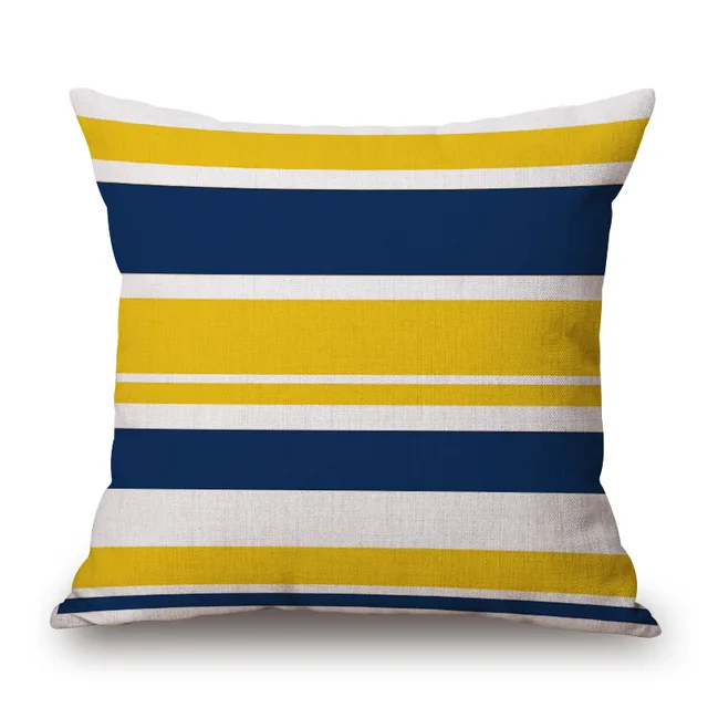 Blue and Yellow Color Geometric Cushion Covers Plaid Stripe Beige Linen