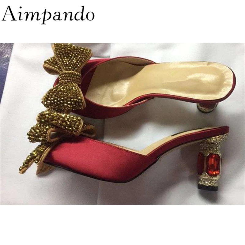 

Gold Crystal Butterfly-knot Slippers Women Red Diamond Jewelled High Heel Peep Toe Rhinestone Satin Slides For Lady