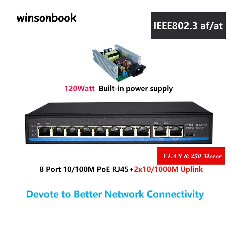

8 port Fast Switch PoE switch support VLAN 250M PoE Network for IP Camera 10/100Mbps Network 2 gigabit uplink PoE 48v switch