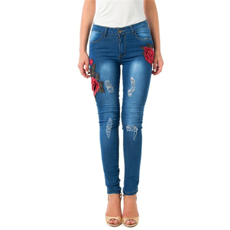 Helisopus Fashion Trousers For Women Embroidered Skinny Jeans Hole