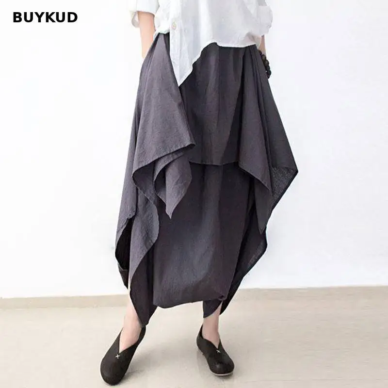 BUYKUD эластичные с высокой талией нерегулярные широкие брюки женские 2018 Летние повседневные хлопковые льняные женские брюки однотонные