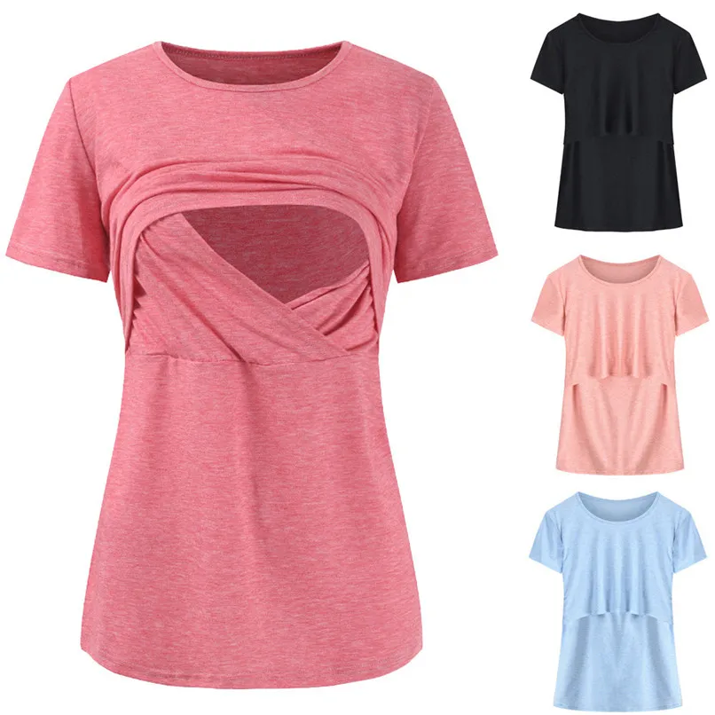 

Maternity Clothes Breastfeeding Clothes Summer Maternity Nursing Solid Short Sleeves Double Layer Top Blouse T-Shirt JE25#F