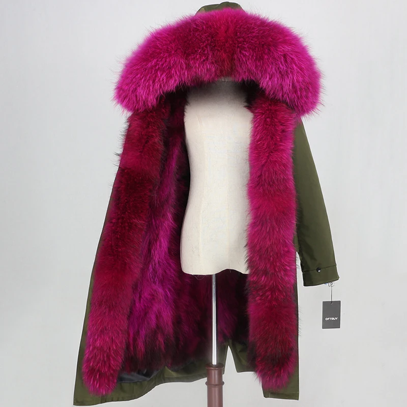 green rose red Real Fox Fur Coat Brand Waterproof Fabric Outerwear X-long Parka Winter Jacket Women Natural Raccoon Fur Collar Hood Streetwear - Цвет: green rose red