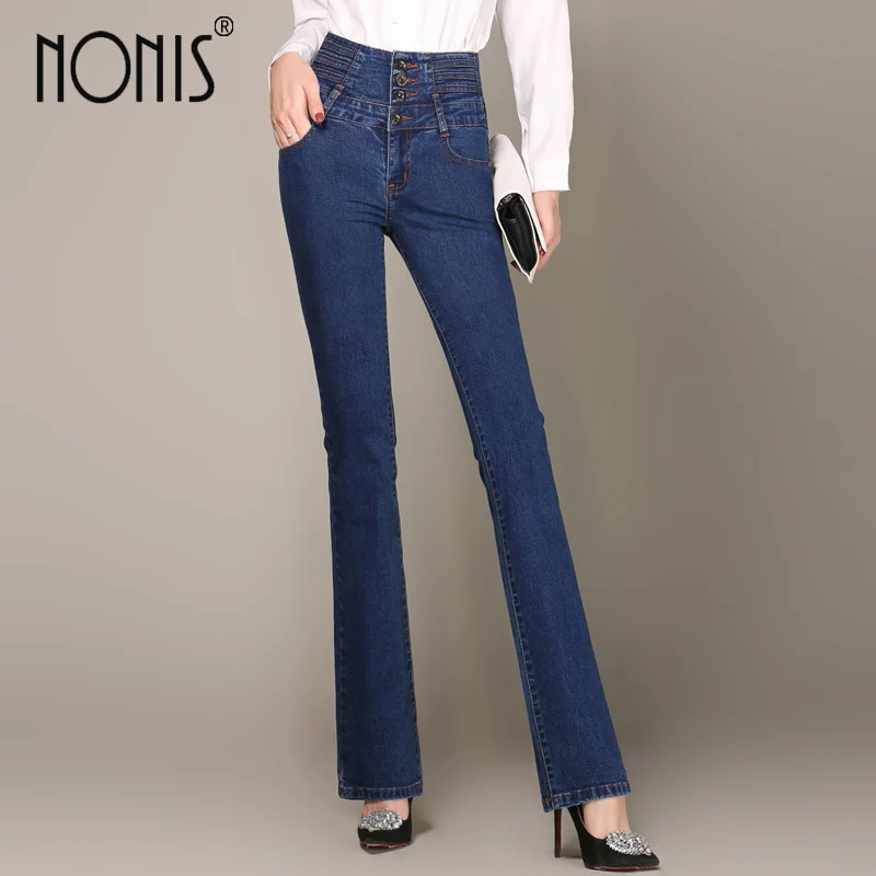 Nonis плюс размер 26-33 обтягивающие новые женские белые синие джинсы с высокой талией расклешенные брюки женские брюки - Цвет: Bright Sapphire
