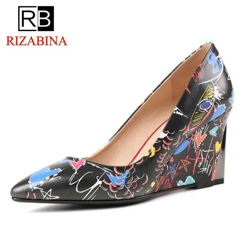 

RizaBina Fashion Women Leather Wedges Shoes Woman Genuine Leather Print Wedges Pumps Party Shoes Woman Footwears Size 34-40