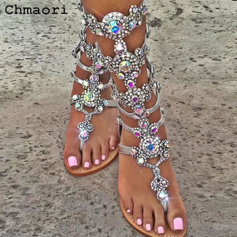 

2018 hot selling Summer women flat mid-calf with crystal decoration fashion unique cover heel sandals