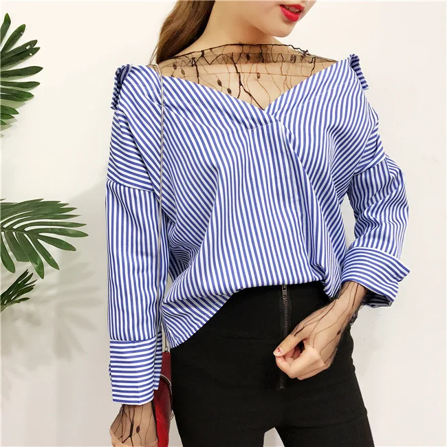 Korea spring 2017 Korean V collar stitching two striped gauze false