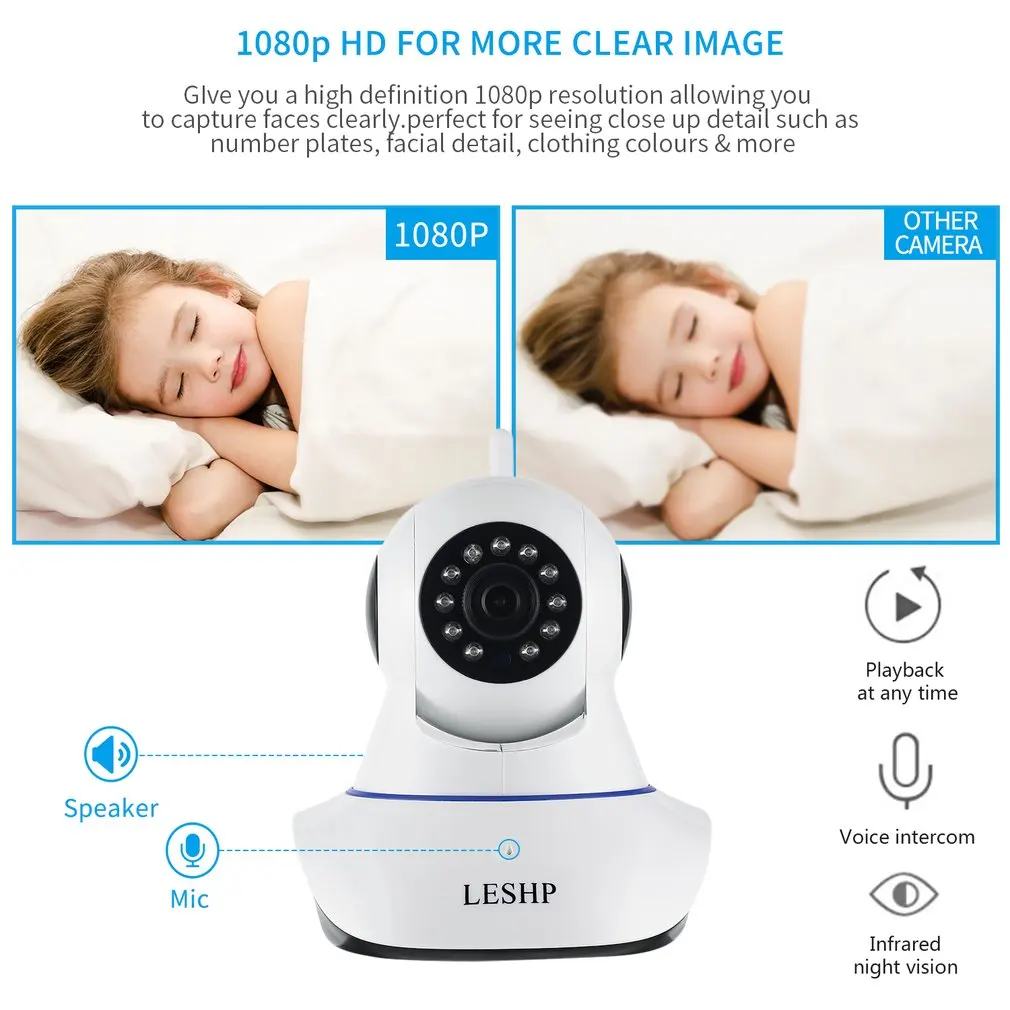 

LESHP Indoor HD 1080P Wireless Network IP Alarm Camera 2MP 1920 * 1080 Plug & Play Night Vision 4pcs Infrared LED US Plug