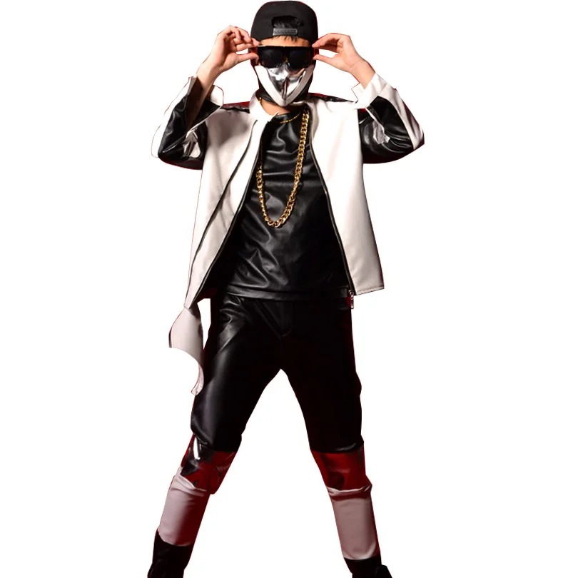 Street Fashion Hip hop Men Leather Jacket Black White Silver Leather
