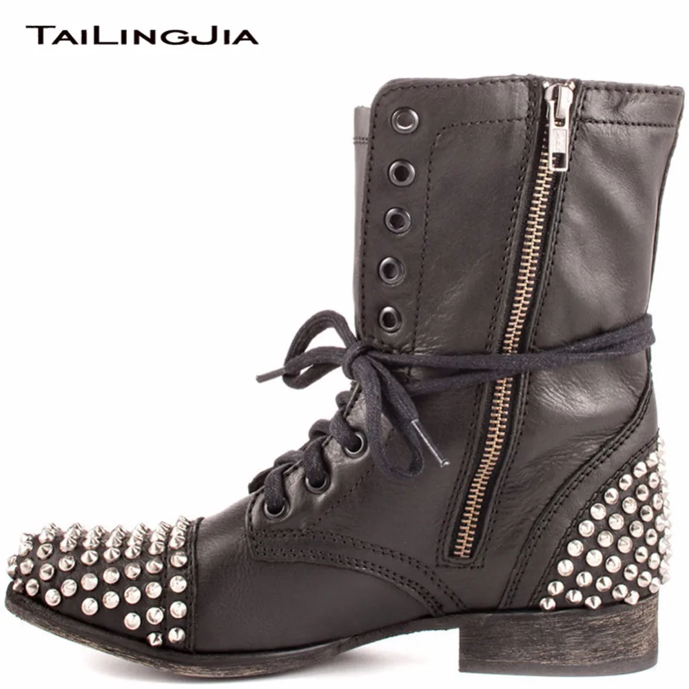 

2019 New Fashion Rivets Punk Fur Boots Keep Warm Winter Woman Ankle Boots Flat Studs Zipper Lace Up Ladies Black Shoes Plus Size
