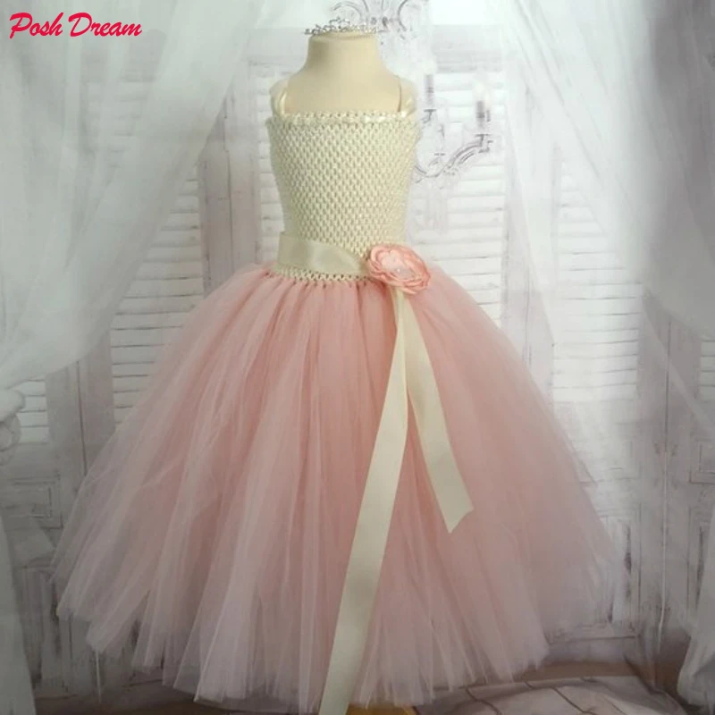 

POSH DREAM Children Ceremonial Blush Pink Tulle Dress Lined Kids Girls Tutu Dresses for Wedding Birthday Christmas Kids Clothes