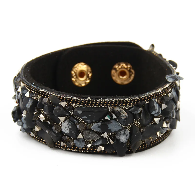 Women Wrap Bracelet With Stones Vintage Shake Leather Bracelets Bangle With Buttons Female Jewelry