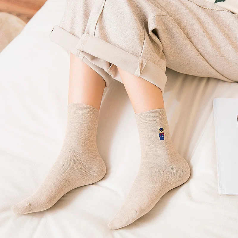 LNRRABC хлопковые носки в студенческом стиле, 1 пара, хлопковые осенние короткие носки, женские носки средней длины с вышивкой в виде животных, Мультяшные женские зимние носки